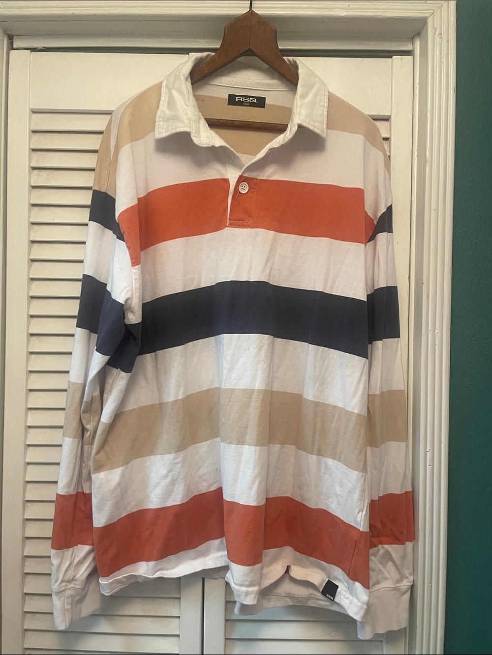 RSQ Long-Sleeve Striped Rugby Polo - White, Navy & Orange & Tan